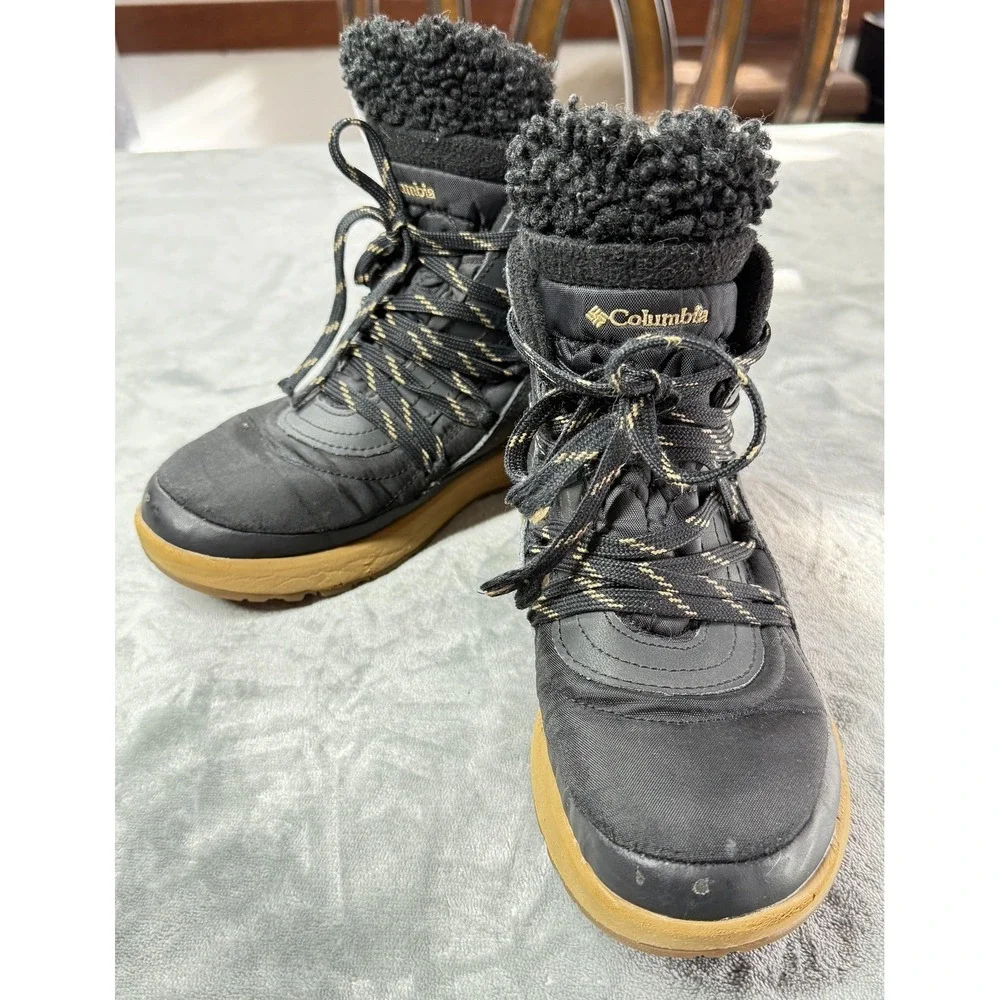 Columbia Boots Womens Size 6 Black Waterproof Winter Snow Faux Fur Ankle Lace Up